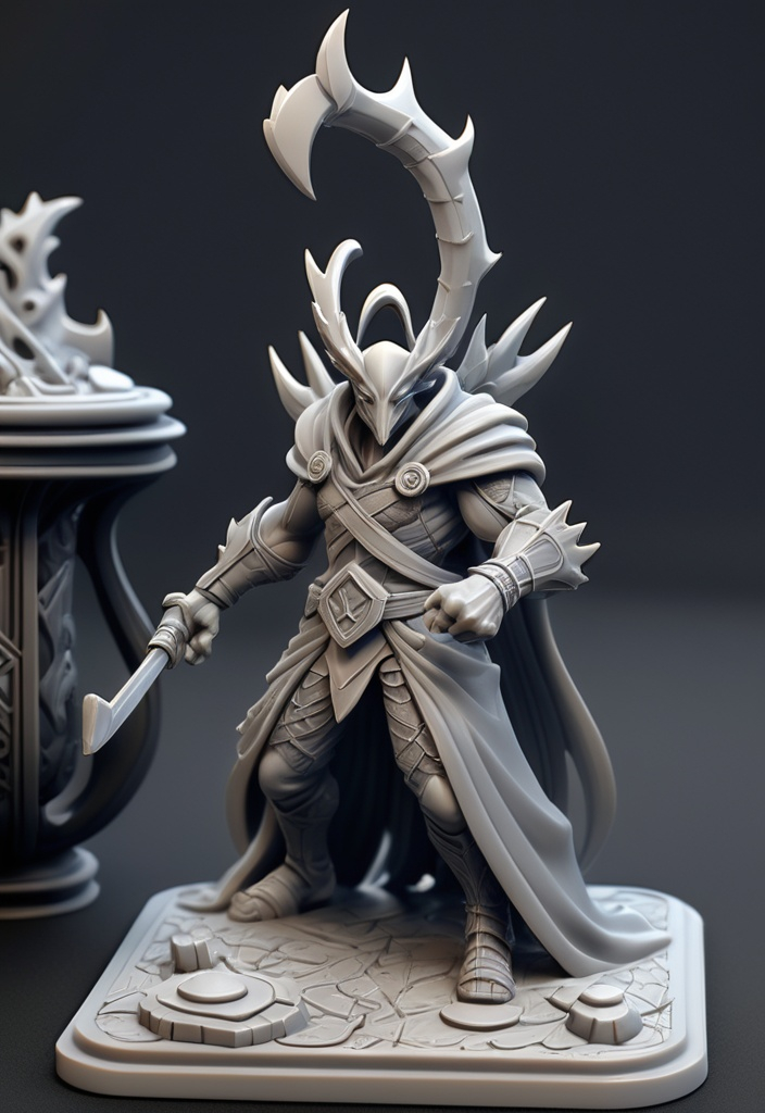 Prompt: (3D Printable Resin Miniature), detailed gaming character, dynamic pose, intricate features, gray resin, fantasy theme, ultra-detailed design, perfect for tabletop games, emphasizing textures and detailing, stylish contours, high-quality rendering, immersive atmosphere, captivating representation of gaming lore, suitable for advanced printing techniques.