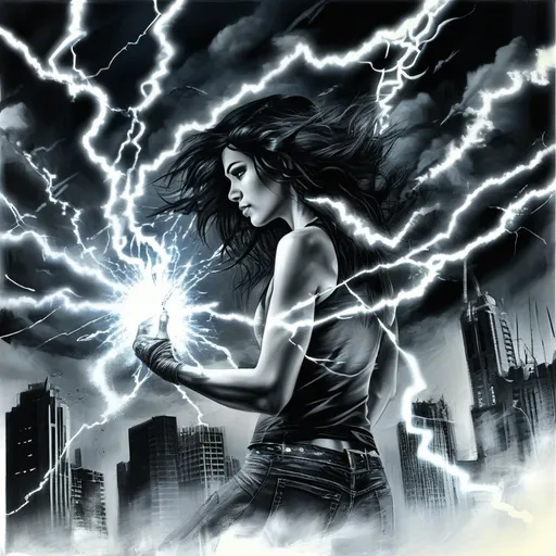 Prompt: Amidst a stormy urban skyline, a fierce woman stands poised atop a towering building, weaving energy into an explosive display of power as she unleashes bolts of lightning from her hand. Her wild hair sweeps dramatically around her, framing a determined expression that radiates both strength and defiance. Clad in a torn tank top and ripped jeans, she embodies a rebellious spirit, contrasting sharply with the dark, chaotic backdrop of jagged buildings and swirling clouds. The high-contrast black and white style enhances the intensity of the scene, capturing a moment that feels electric and raw, evoking a sense of both struggle and empowerment in a gritty, superhero-like narrative.
