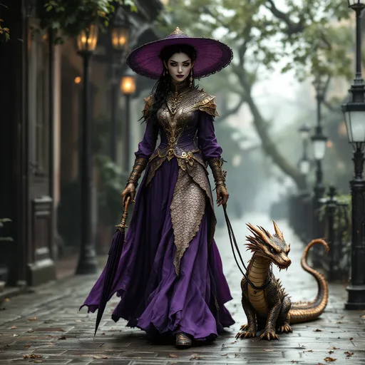 Prompt: Yuan-Ti snake-woman in new orleans 1800's purple dress, hat, and umbrella, walks side by side with pet leashed copper dragon.  Her scale ridges on shoulders and around the bridges of her eyes flush with coppers to match her pets scales.
