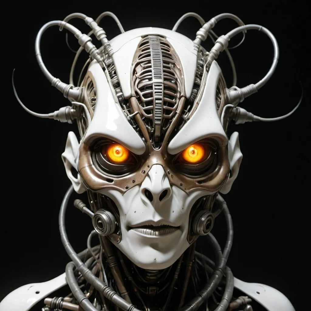 Prompt: A cybernetic glowing and wired facemask unlike any we have seen, colored in whites, blacks and rust in the design of an alien wide eyed insectoid like visage