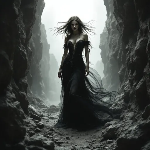 Prompt: Emerging from a cavernous landscape, a striking figure draped in a dark, flowing gown stands poised in the center, her presence commanding and ethereal. The figure features long, dramatically styled hair that seems to twist and swirl, suggesting a connection to the wind or a mystical force. Her attire, ornate and form-fitting, enhances her silhouette against the muted backdrop of jagged stone walls that frame the scene, creating a haunting atmosphere. The color palette is dominated by monochromatic tones, with soft highlights and shadows that give the image an almost dreamlike quality, evoking a sense of enchantment and intrigue. The overall mood suggests drama and anticipation, inviting viewers to ponder the story behind this enigmatic character in her otherworldly setting.