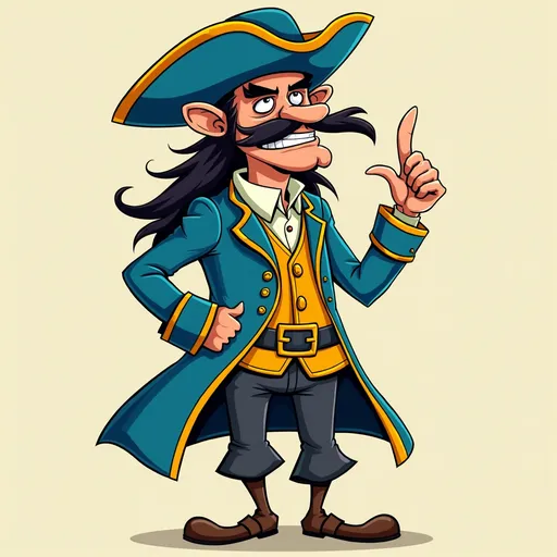 Prompt: A tall, thin pirate figure stands confidently with an exaggerated expression, embodying a mix of swagger and mischief. Dressed in a vibrant Blue Imperial coat adorned with yellow trim and complemented by a broad Grin rimmed hat, he gestures with one finger raised, suggesting he’s about to share an important idea or command. His long, dark hair flows dramatically over his shoulders, and his facial features, including a prominent mustache and mischievous eyes, add to his imposing presence. The character, illustrated with bold colors and clear lines, exudes a playful yet villainous demeanor, as if caught mid-conversation in a whimsical narrative set on the high seas.