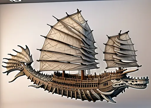 Prompt: the bone skull of a giant whale beast marks the prow of this fantasy flying wooden war ship with multiple chinese style sails and the bone armor of a great fantasy whale beast serving as ribbed battle armor on the wooden hull of the ship.  She sails in the air over mountains and castle defenses of a great keep.  