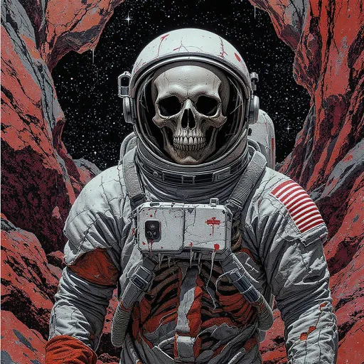 Prompt: A striking image features a surreal astronaut, whose visage is replaced by a detailed skull, exuding an eerie yet compelling quality. Clad in a classic space suit, rotted and ruined by time and the ever present micro-meteor winds we can see his polished and damaged ribcage and bones through tears in the suits cloth - the ensemble blends traditional astronaut gear with graphic elements of a tattered and beaten rocky alien terrain, showcasing intricate skeletal details beneath the outer fabric. The astronaut's stance is firm as he stands against the alien terrain in rich colors of torn stone in the background, allowing the stark contrast of the torn white suit and the skull to take center stage. The image employs a rich color palette, its colors focused on the horror of a skeletal astronaut while the faint splatters of ink add a dynamic touch. This piece evokes a haunting narrative, challenging perceptions of life, death, and the vast unknown of space exploration.