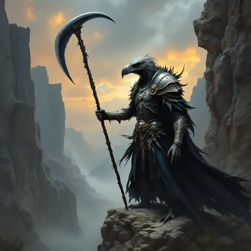 Prompt: Standing on the great cliffs over the ravine of lost souls, the great paladin lifts his scythe high - a vulturan, anthropormorphic vulture paladin of the god of death in his black and silver armor of the harrowing... an undead hunter... the beaked warrior is ready for battle. 