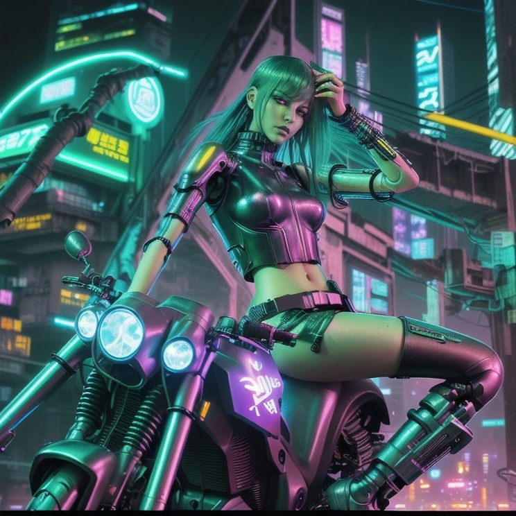 Prompt: Tall young cybernetic Japanese woman with green hair lit by inner woven LED lights deftly riding her cyberpunk futuristic motorcycle down dark cyberpunk apocalyptic streets.