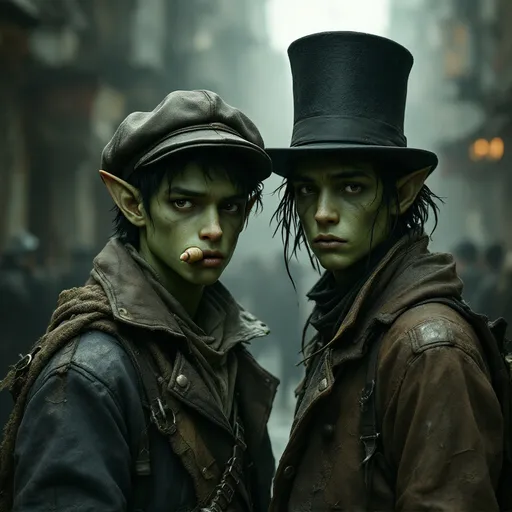 Prompt: Two gritty green skin early teen boys stand closely together in a hazy, indistinct environment that suggests an urban setting from a fantasy bygone era. One boy, wearing a flat cap stuck over his long pointed ears, has a somber expression as he sucks at a lone tusk jutting from the right side of his jaw.  The other boysports a tall, black top hat pulled down over greasy black hair tied with strings.  He has a serious demeanor, indicating a sense of resilience amidst hardship. Both of their clothes are patched with odd mismatching colored cloth patches, but their leather and hide coats look sturdy and warm.  The muted color palette of browns and grays enhances the mood, evoking a time of struggle and survival. Soft lighting creates a slightly blurred background, suggesting a busy street or alley filled with shadows and silhouettes, which adds depth and intrigue to their poignant presence. Together, they convey a narrative of innocence lost and the harsh realities of life, drawing the viewer into their story.