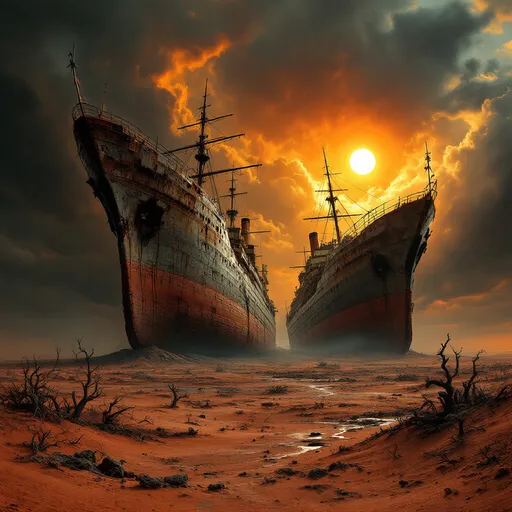 Prompt: Amid a desolate, reddish landscape, burned and dried sands and dead plantlife - two massive weathered and rusted ships rise dramatically from a barren terrain under a tumultuous sky lit by an ominous sun. The once-mighty vessels, now relics of the past, are tilted at alarming angles, their decaying structures framed by dark, swirling clouds, which are set ablaze by fiery hues of orange and red. 