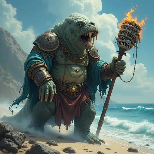 Prompt: dungeons and dragons style hero - Anthropomorphic Walrus necromancer wizard, summoning up the undead bones of dead fish and whales from the very sea to attack soldiers on the beach