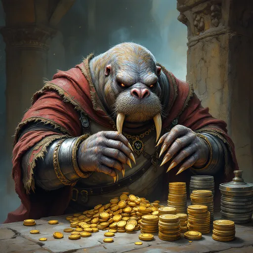 Prompt: dungeons and dragons style Anthropomorphic Walrus rogue, a wine merchant, counting stacks of gold and silver coins