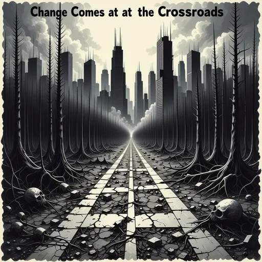 Prompt: Art Poster cover concept, a post apocalyptic crossroads in the middle of a dead forest with ruined skyscrapers in the background rising above the dead trees.  
The art title at the top reads "Change Comes at the Crossroads"