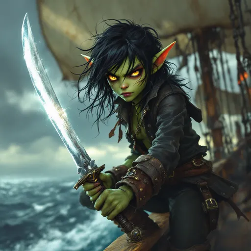 Prompt: Poised on the edge of a ship's railing, a fierce green-skinned goblin girl with striking yellow eyes gazes intensely at her surroundings, her features sharp and determined. Clad in rugged pirate attire, complete with a dark leather jacket and pants, she brandishes a gleaming sword, its blade catching the ambient light, ready for action. Her messy black hair, partially tucked behind pointed ears, sways slightly in the breeze against a backdrop of billowing sails and a cloudy sky, suggesting an adventurous atmosphere on the high seas. The composition highlights her dynamic pose, exuding both confidence and a hint of mischief, blending a vivid fantasy style with a sense of gritty realism. The overall mood evokes excitement and anticipation, capturing the essence of a daring young pirate ready to face whatever lies ahead.