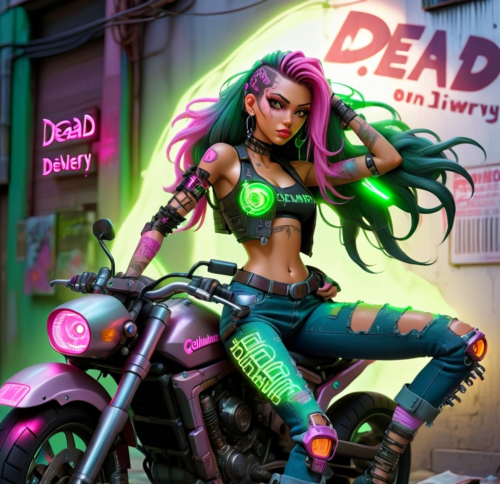 Prompt: Columbian Latina beauty with cyberpunk pink in her hair lit by woven in LED lights, sits mounted on her cyberpunk motorcycle in a cyberpunk alleyway.  She has one cyborg arm and wears a green lace see through top and torn jeans.  The sign on the shop behind her reads "Dead End Delivery"