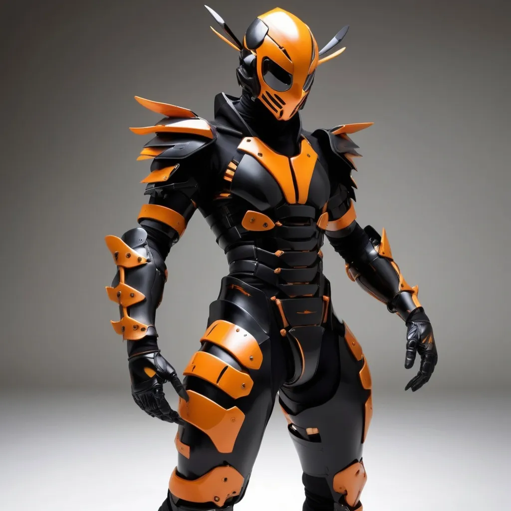 Prompt: lithe cybernetic full ninja armor in sleek blacks and oranges, design themed on a japanese wasp - stinger blade arm daggers below the wrists can shoot out at need.