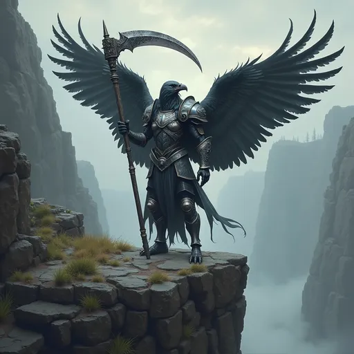 Prompt: Standing on the great cliffs over the ravine of lost souls, the great paladin lifts his scythe high - a vulturan, anthropomorphic vulture paladin of the god of death in his black and silver armor of the harrowing... an undead hunter... the beaked warrior is ready for battle.   His wings spread and ready for flight