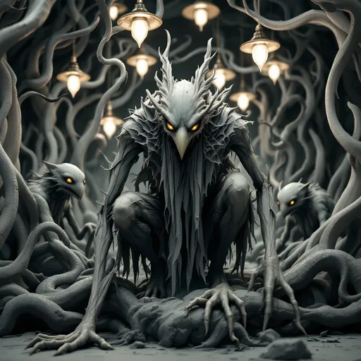 Prompt: Emerging from a surreal and stylized setting, a foreboding, humanoid figure crouches menacingly amidst intricate, twisted forms that suggest a world teeming with dark fantasy. The creature, crafted in shades of gray, boasts elongated limbs and a grotesque, avian-like head, with piercing yellow eyes that enhance its eerie presence. Draped in tattered layers of fabric that seem to blend seamlessly with its form, it exudes an ominous energy, poised as if ready to spring into action. The environment, subtly lit by overhead fixtures, features additional abstract creatures that echo the ominous style of the central figure, creating a sense of depth and otherworldliness. This sculptural piece captures a narrative steeped in mystery and foreboding, engaging the viewer with its striking design and the palpable tension of an impending encounter.