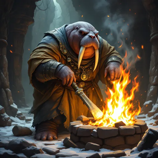 Prompt: dungeons and dragons style Anthropomorphic Walrus cleric and hearth tender, stoking a great fire to warm those resting in medical beds. 


