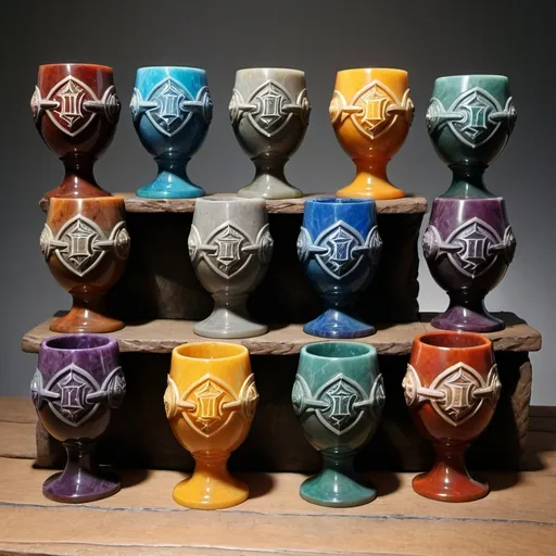 Prompt: 7 Dwarven Stone drinking chalices, carved from the very gemstones pulled from the earth.   Each carved with a dwarven house sigil/heraldry.