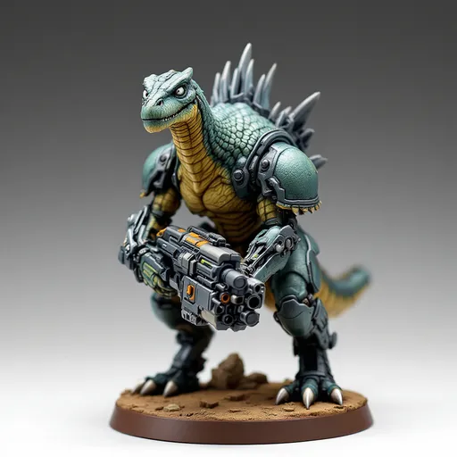 Prompt: Perched dynamically on a textured brown base, a formidable, Scaled and iridescent-hued dinosaur-like creature stands out, showcasing a blend of organic and mechanical elements. It features a slender neck topped with an expressive head, where wide, white eyes peer with an intriguing mix of intelligence and curiosity. Encasing its shoulders is a futuristic armor adorned with intricate designs, while it grips a bulky weapon that augments its fierce appearance. The contrasting colors of matte and glossy paint bring depth to the figure, capturing attention with its vibrant accents, like hints of orange and green on the weapon. This impressive miniature evokes a sense of action and storytelling, suggesting a narrative steeped in a sci-fi universe where technology meets primal instincts.