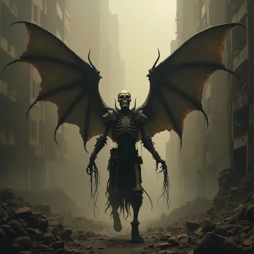 Prompt: In an ominous, atmospheric landscape, a skeletal figure with large, bat-like wings dominates the scene, soaring through a desolate city shrouded in darkness and fog. The towering silhouettes of crumbling skyscrapers stretch upward into the gloom, their shapes obscured by a mix of shadow and murky light, casting an eerie pall over the environment. Dressed in tattered armor, the figure grips tendrils or chains that hang ominously from its hands, adding a sense of menace and foreboding. The color palette skews towards muted browns and grays, enhancing the grim mood of the artwork, while the contrast between the central figure and the bleak background creates a powerful visual focus. This haunting scene evokes feelings of dread and unease, suggesting a narrative steeped in darkness and perhaps the exploration of despair within a ruined world.