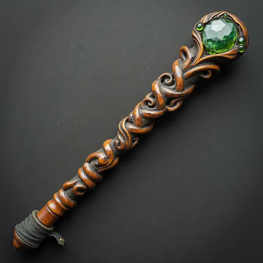 Prompt: hand carved wooden wand in the motif of coiled vine and thorn - alder wood stained with dark stain and highlighted with inlaid green leaf carved gems - 14 inches long with a handle of wrapped leather and ivory