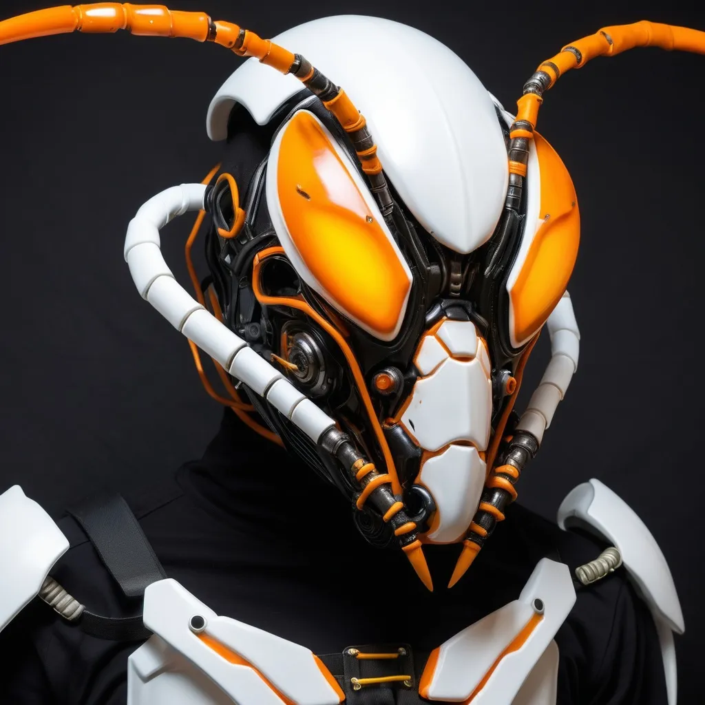 Prompt: cybernetic wired insectoid mask complete with mandibles and full body armor in whites, blacks, and glowing oranges.  reminiscent design of the mantis or wasp