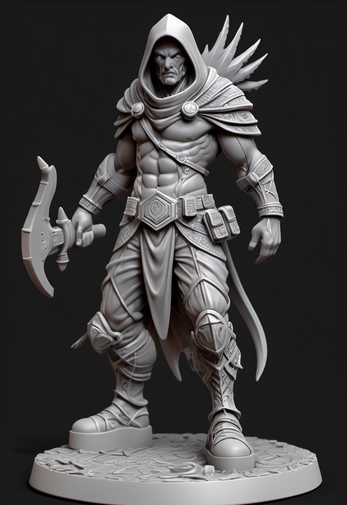 Prompt: (3D Printable Resin Miniature), detailed gaming character, dynamic pose, intricate features, gray resin, fantasy theme, ultra-detailed design, perfect for tabletop games, emphasizing textures and detailing, stylish contours, high-quality rendering, immersive atmosphere, captivating representation of gaming lore, suitable for advanced printing techniques.