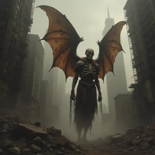 Prompt: In an ominous, atmospheric landscape, a skeletal figure with large, bat-like wings dominates the scene, soaring through a desolate city shrouded in darkness and fog. The towering silhouettes of crumbling skyscrapers stretch upward into the gloom, their shapes obscured by a mix of shadow and murky light, casting an eerie pall over the environment. Dressed in tattered armor, the figure grips tendrils or chains that hang ominously from its hands, adding a sense of menace and foreboding. The color palette skews towards muted browns and grays, enhancing the grim mood of the artwork, while the contrast between the central figure and the bleak background creates a powerful visual focus. This haunting scene evokes feelings of dread and unease, suggesting a narrative steeped in darkness and perhaps the exploration of despair within a ruined world.