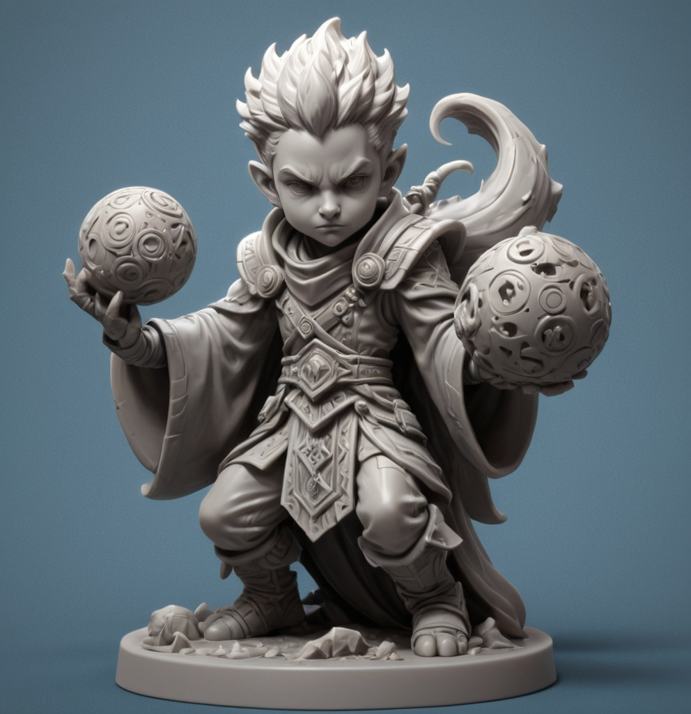 Prompt: 3D Printable Resin Miniature, detailed gaming piece, dynamic pose, intricate features, solid gray resin, fantasy theme, ultra-detailed design, perfect for tabletop games, emphasizing textures and detailing, stylish contours, high-quality rendering, immersive atmosphere, captivating representation of gaming lore, suitable for advanced printing techniques.