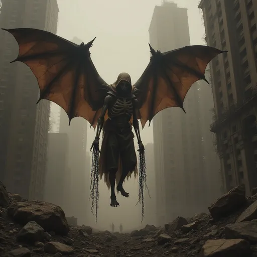 Prompt: In an ominous, atmospheric landscape, a skeletal figure with large, bat-like wings dominates the scene, soaring through a desolate city shrouded in darkness and fog. The towering silhouettes of crumbling skyscrapers stretch upward into the gloom, their shapes obscured by a mix of shadow and murky light, casting an eerie pall over the environment. Dressed in tattered armor, the figure grips tendrils or chains that hang ominously from its hands, adding a sense of menace and foreboding. The color palette skews towards muted browns and grays, enhancing the grim mood of the artwork, while the contrast between the central figure and the bleak background creates a powerful visual focus. This haunting scene evokes feelings of dread and unease, suggesting a narrative steeped in darkness and perhaps the exploration of despair within a ruined world.