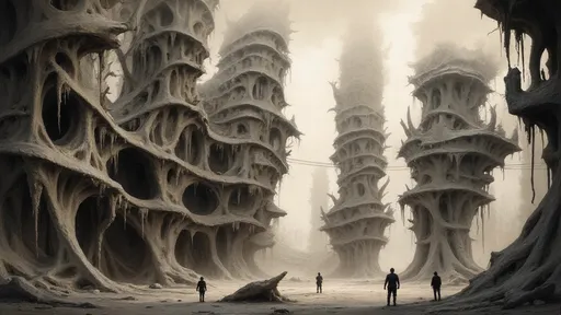 Prompt: In a surreal, dystopian landscape, towering structures resembling organic, skeletal forms rise from a barren ground marked by deep shadows and muted tones. These grotesque edifices, with their intricate web-like designs and dripping textures, create a haunting atmosphere, as if nature and architecture have merged into a nightmarish vision. Silhouetted figures roam the desolate space, their postures conveying a sense of wonder and trepidation as they navigate this eerie environment. The overall scene is shrouded in a diffuse, pale light, suggesting an otherworldly time and place, evoking feelings of isolation and the uncanny. This composition, with its blend of architectural fantasy and biological elements, powerfully portrays a narrative of exploration in a world caught between decay and the unknown.