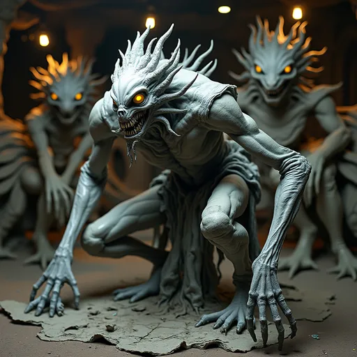 Prompt: Emerging from a surreal and stylized setting, a foreboding, humanoid figure crouches menacingly amidst intricate, twisted forms that suggest a world teeming with dark fantasy. The creature, crafted in shades of gray, boasts elongated limbs and a grotesque, avian-like head, with piercing yellow eyes that enhance its eerie presence. Draped in tattered layers of fabric that seem to blend seamlessly with its form, it exudes an ominous energy, poised as if ready to spring into action. The environment, subtly lit by overhead fixtures, features additional abstract creatures that echo the ominous style of the central figure, creating a sense of depth and otherworldliness. This sculptural piece captures a narrative steeped in mystery and foreboding, engaging the viewer with its striking design and the palpable tension of an impending encounter.