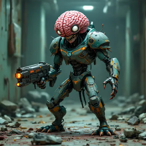 Prompt: Perched dynamically on a textured dirty lab floor with apocalyptic hospital detritus scattered about, a formidable, multi color-hued Brain encased in android-like creature stands out, showcasing a blend of organic and mechanical elements. It features a slender neck topped with an expressive massive brain topped head, where wide, white eyes peer with an intriguing mix of intelligence and curiosity. Encasing its shoulders is a futuristic armor adorned with intricate designs, while it grips a bulky weapon that augments its fierce appearance. The contrasting colors of matte and glossy paint bring depth to the figure, capturing attention with its vibrant accents, like hints of orange and green on the weapon. This impressive miniature evokes a sense of action and storytelling, suggesting a narrative steeped in a sci-fi universe where technology meets primal instincts.