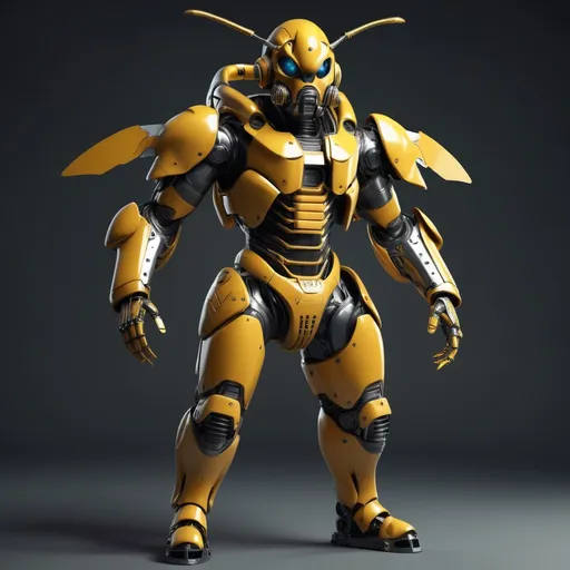 Prompt: cybernetic full body power armor suit and mask in the style of a japanese wasp hero.