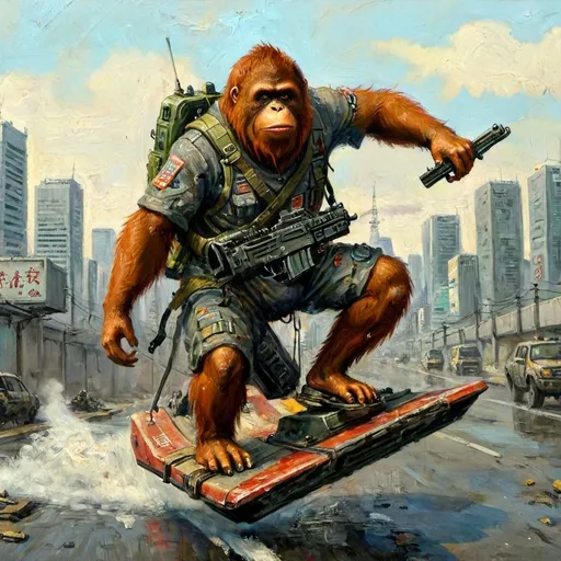 Prompt: Anthropomorphic Orangutan cyber soldier carrying heavy machine gun and riding a floating cyber sled through post apocalyptic Tokyo  