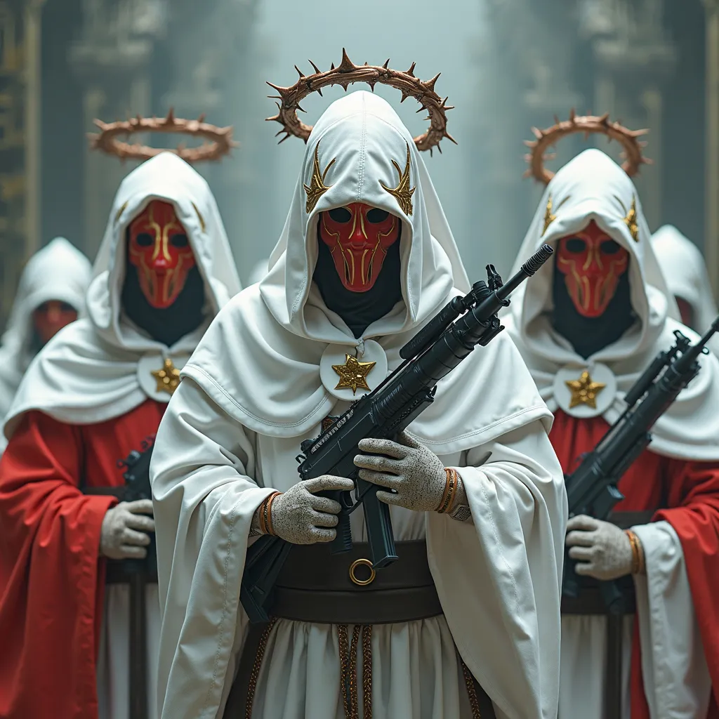 Prompt: Cyberpunk KKK soldiers with high caliber weapons in white and red robes and hoods with techno gadget eye helmets like white angels and halo with the thorn motif woven around the head like a crown. 
