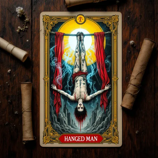 Prompt: The Tarot Card of the "Hanged Man" Set against a richly textured wooden surface, the tarot card centrally features a hung figure upside down with ropes tied to ankle and building - he is adorned with intricate tattoos showing death and a flowing, sheer red cloth that hangs like blood to the ground below. The figure emanates an ethereal energy, with wisps of smoke curling around it as if emerging from another realm, highlighting the combination of life and death. Radiating behind the figure, a large golden circle casts an eerie light, enhancing the spectral mood, while the card’s ornate borders incorporate symbols and colors that suggest mystical significance. Surrounding the card, vintage scrolls and a closed book hint at themes of divination and the unknown, creating an atmosphere thick with mystery and intrigue. This composition evokes a sense of the uncanny, drawing the viewer into the arcane world of tarot.