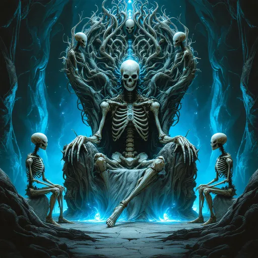 Prompt: In a surreal and hauntingly intricate scene, a skeletal figure dominates the center, seated on a throne that appears woven from organic materials and machinery, surrounded by four smaller, similarly skeletal companions. Each figure exhibits an eerie blend of humanoid form and mechanical elements, highlighted by elongated heads and sinuous features, emanating a sense of both majesty and menace. The environment is illuminated by an ethereal blue glow that contrasts sharply with the dark, twisted architecture that frames the backdrop, enhancing the otherworldly atmosphere. The composition draws the eye toward the central figure, emphasizing its importance, while the intricate details of the skeletal forms and flowing lines of the throne create a sense of elaborate complexity. Overall, the image conveys a mood of ominous power and an unsettling beauty, suggesting a narrative steeped in science fiction and existential themes.