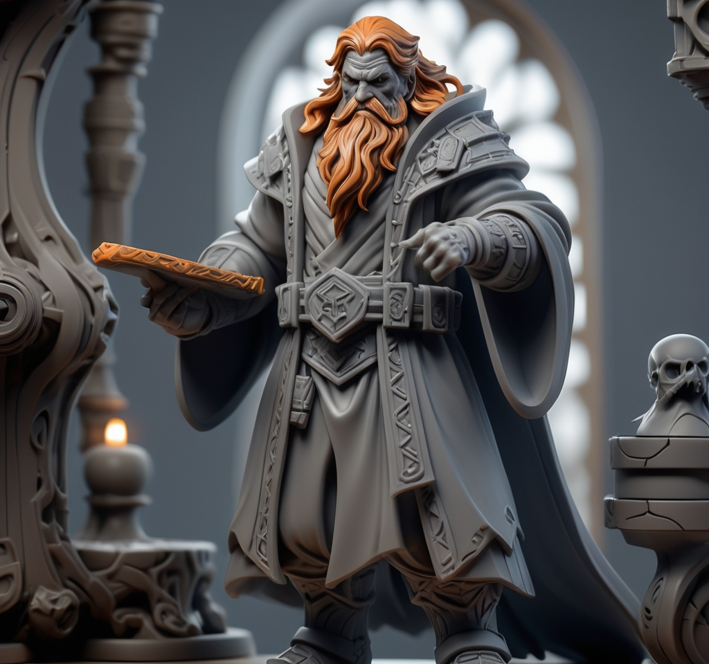 Prompt: 3D Printable Resin Miniature, detailed gaming character, dynamic pose, intricate features, solid gray resin, fantasy theme, ultra-detailed design, perfect for tabletop games, emphasizing textures and detailing, stylish contours, high-quality rendering, immersive atmosphere, captivating representation of gaming lore, suitable for advanced printing techniques.