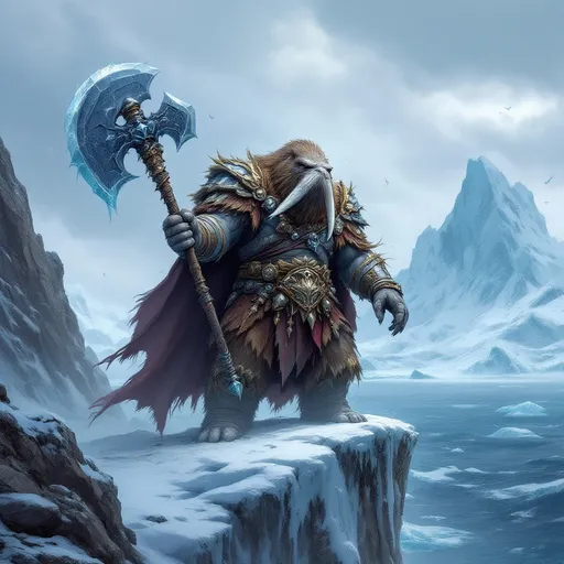 Prompt: dungeons and dragons style Anthropomorphic Walrus Paladin, with a great axe made of ice, standing on a cliff over a glacier filled ocean

