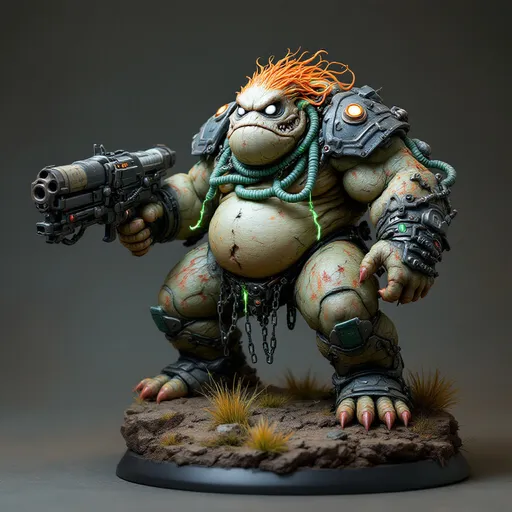 Prompt: Perched dynamically on a textured brown rocky base with tufts of painted grass, a formidable, multi color-hued fat HULKING biosynthetic chem fed creature with glowing green chemical pumps tubing working into and out of fat rolls and muscles making the creature a military menace -  WITH BROKEN CHAINS HANGING stands out, as well as ripped and torn lab subject apparrel - showcasing a blend of organic and mechanical flowing tube elements. It features a slender neck topped with an expressive head, where wide, white eyes peer with an intriguing mix of intelligence and curiosity. Encasing its shoulders is a futuristic armor adorned with intricate designs, while it grips a bulky weapon that augments its fierce appearance. The contrasting colors of matte and glossy paint bring depth to the figure, capturing attention with its vibrant accents, like hints of orange and green on the weapon. This impressive miniature evokes a sense of action and storytelling, suggesting a narrative steeped in a sci-fi universe where technology meets primal instincts.