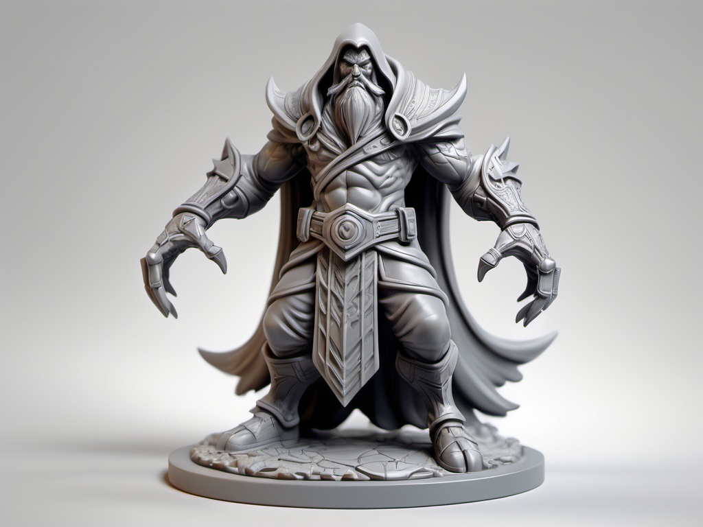 Prompt: 3D Printable Resin Miniature, detailed gaming character, dynamic pose, intricate features, solid gray resin, fantasy theme, ultra-detailed design, perfect for tabletop games, emphasizing textures and detailing, stylish contours, high-quality rendering, immersive atmosphere, captivating representation of gaming lore, suitable for advanced printing techniques.