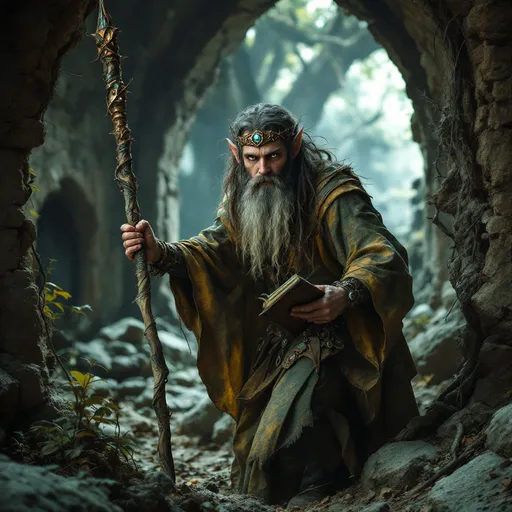 Prompt: Emerging from the shadows of an ancient, mystical arched ruin buried in dust and thorns, a striking figure of a younger wilder fae inspired bearded elf of near wild proportions and mythic wisdom - clutching a wizards spell book and staff looks about to make sure the perimeter is safe - he is a wizard of thorn and briar, a fey lost child touched by the insanity of the faeirie realm itself.  his robes are craft of green and yellowed leather, with copper circlet on his brow and over his ears painted a spiderweb white.  his staff is hand carved of elder wood, and shines with imbedded crystals up and down its shaft.  