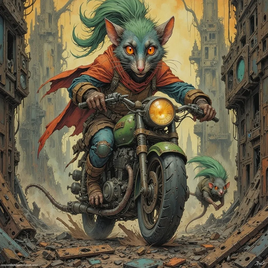 Prompt: Anthropomorphic Cat biker rogue with wild green hair races her futuristic motorcycle through the rat wild wastes and ruins to escape flying bio-mechanical attack drones that are chasing her in the briar down ruin.  