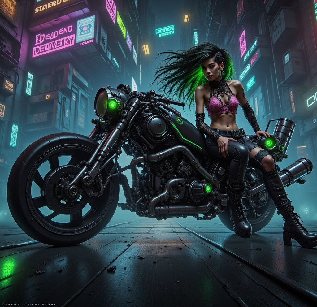 Prompt: Columbian Latina beauty with cyberpunk Green in her hair lit by woven in LED lights, sits mounted on her cyberpunk motorcycle in a cyberpunk alleyway.  She has one cyborg arm and wears a Pink lace see through top and torn jeans.  The sign on the shop behind her reads "Dead End Delivery"