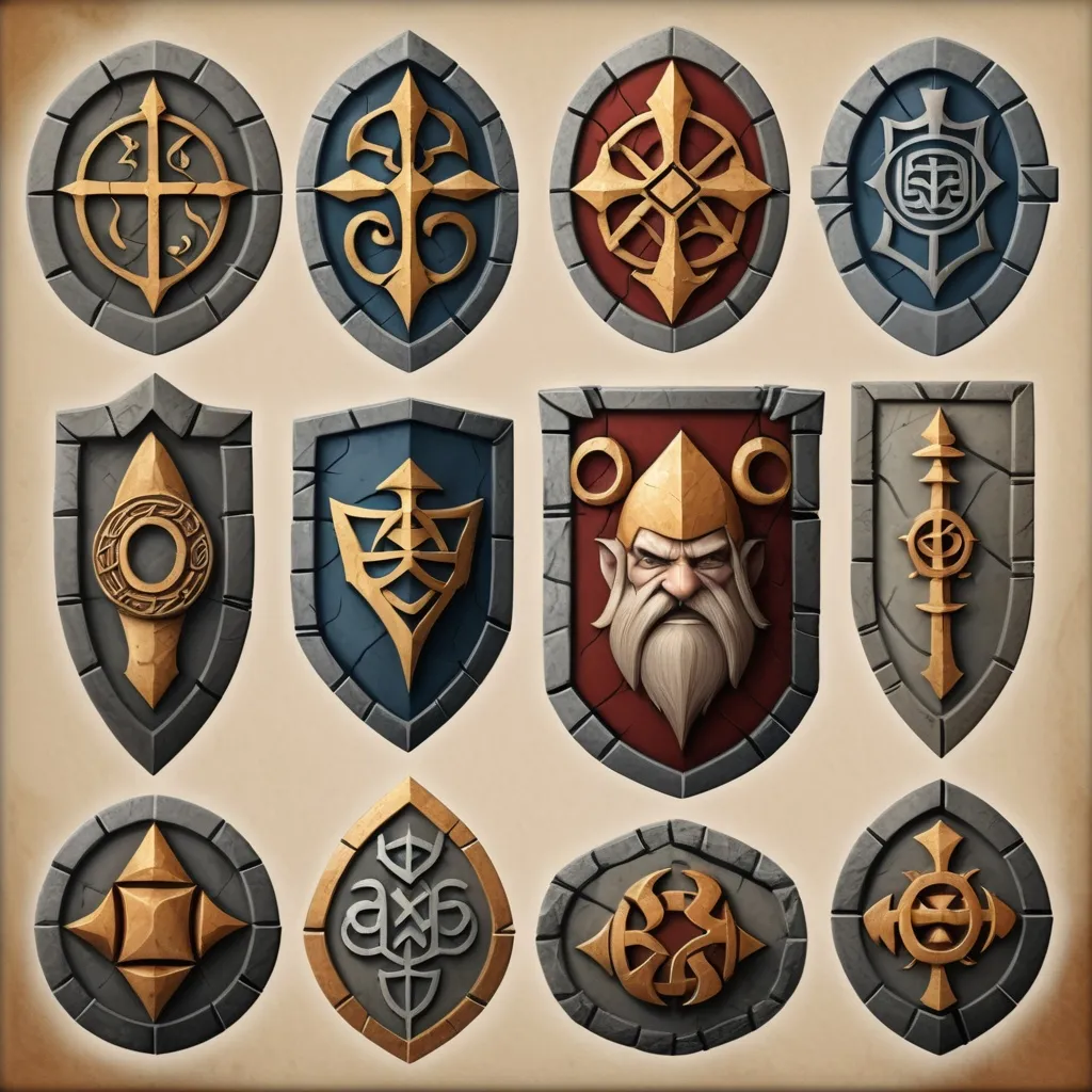 Prompt: Dwarven Stone Carved Heraldry for the differing Dwarven Noble Clans.  A ring of Stone Pillars, seven in all, each with a different stone carved sigil of heraldry.