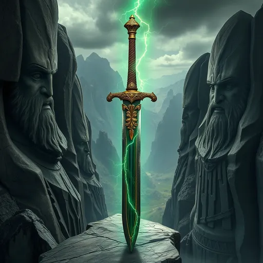 Prompt: A magnificent ancient sword stands upright, seemingly emerging from uncut marbled stone, its blade surging with electric green lightning kissing and striking down its length, illuminating intricate golden hand carved engravings along the blade. The hilt, adorned with ornate details and a woven leather textured grip, displays the remnants of rust and decay, suggesting the age of the ancient and powerful weapon. the swords placement rising from the stone is on a cliffs edge overlooking a valley between three ancient mountains carved with the visage of old dwarven kings... the valley a testament to the might of long dead armies and the power of magic that once sang in the hollows between the stones.  