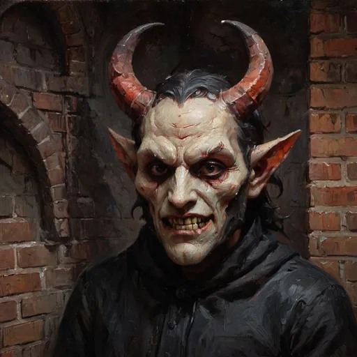 Prompt: A sinister figure clad in dark clothing presses close to a wall adorned with a striking painting. The character's head is grotesquely shaped, featuring a pale, ridged surface and sharp, fang-like teeth, which together create a chilling visage. Behind it, the brick wall is illuminated by a dim light that casts dramatic shadows, contrasting with the vibrant, fiery colors of the artwork depicting a horned figure wearing a mask. This scene evokes a sense of impending eeriness or suspense, as the figure seems engaged in a dark ritual or encounter with the artwork, enhancing the overall unsettling atmosphere.