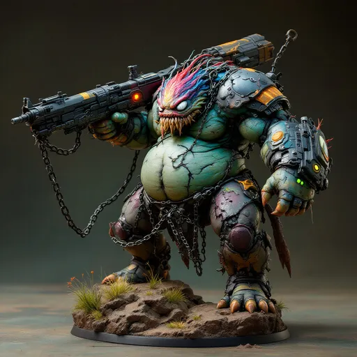 Prompt: Perched dynamically on a textured brown rocky base with tufts of painted grass, a formidable, multi color-hued fat HULKING biosynthetic chem fed creature with glowing green chemical pumps tubing working into and out of fat rolls and muscles making the creature a military menace -  WITH BROKEN CHAINS HANGING stands out, as well as ripped and torn lab subject apparrel - showcasing a blend of organic and mechanical elements. It features a slender neck topped with an expressive head, where wide, white eyes peer with an intriguing mix of intelligence and curiosity. Encasing its shoulders is a futuristic armor adorned with intricate designs, while it grips a bulky weapon that augments its fierce appearance. The contrasting colors of matte and glossy paint bring depth to the figure, capturing attention with its vibrant accents, like hints of orange and green on the weapon. This impressive miniature evokes a sense of action and storytelling, suggesting a narrative steeped in a sci-fi universe where technology meets primal instincts.