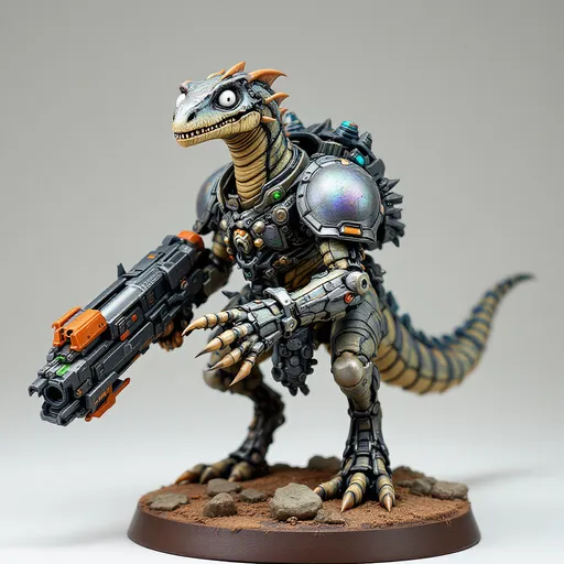 Prompt: Perched dynamically on a textured brown base, a formidable, Scaled and iridescent-hued dinosaur-like creature stands out, showcasing a blend of organic and mechanical elements. It features a slender neck topped with an expressive head, where wide, white eyes peer with an intriguing mix of intelligence and curiosity. Encasing its shoulders is a futuristic armor adorned with intricate designs, while it grips a bulky weapon that augments its fierce appearance. The contrasting colors of matte and glossy paint bring depth to the figure, capturing attention with its vibrant accents, like hints of orange and green on the weapon. This impressive miniature evokes a sense of action and storytelling, suggesting a narrative steeped in a sci-fi universe where technology meets primal instincts.